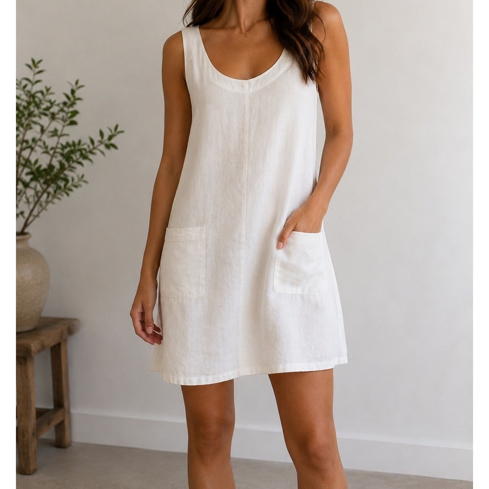 Giuseppa Collection White Linen Shift Dress Made in Italy Sleeveless Pockets L